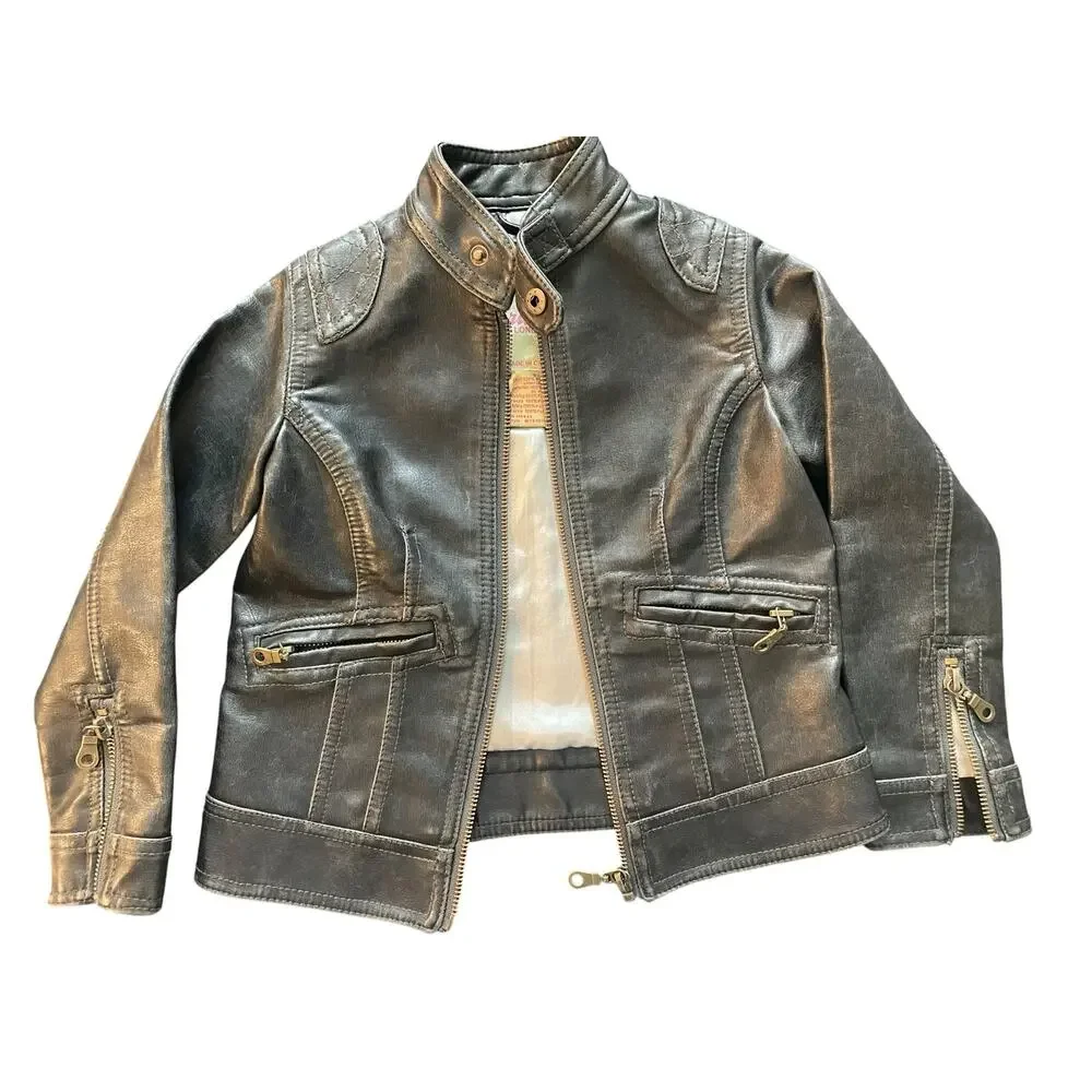 Frida G London Kids Small Black Faux Leather Moto Biker Jacket Distressed EUC